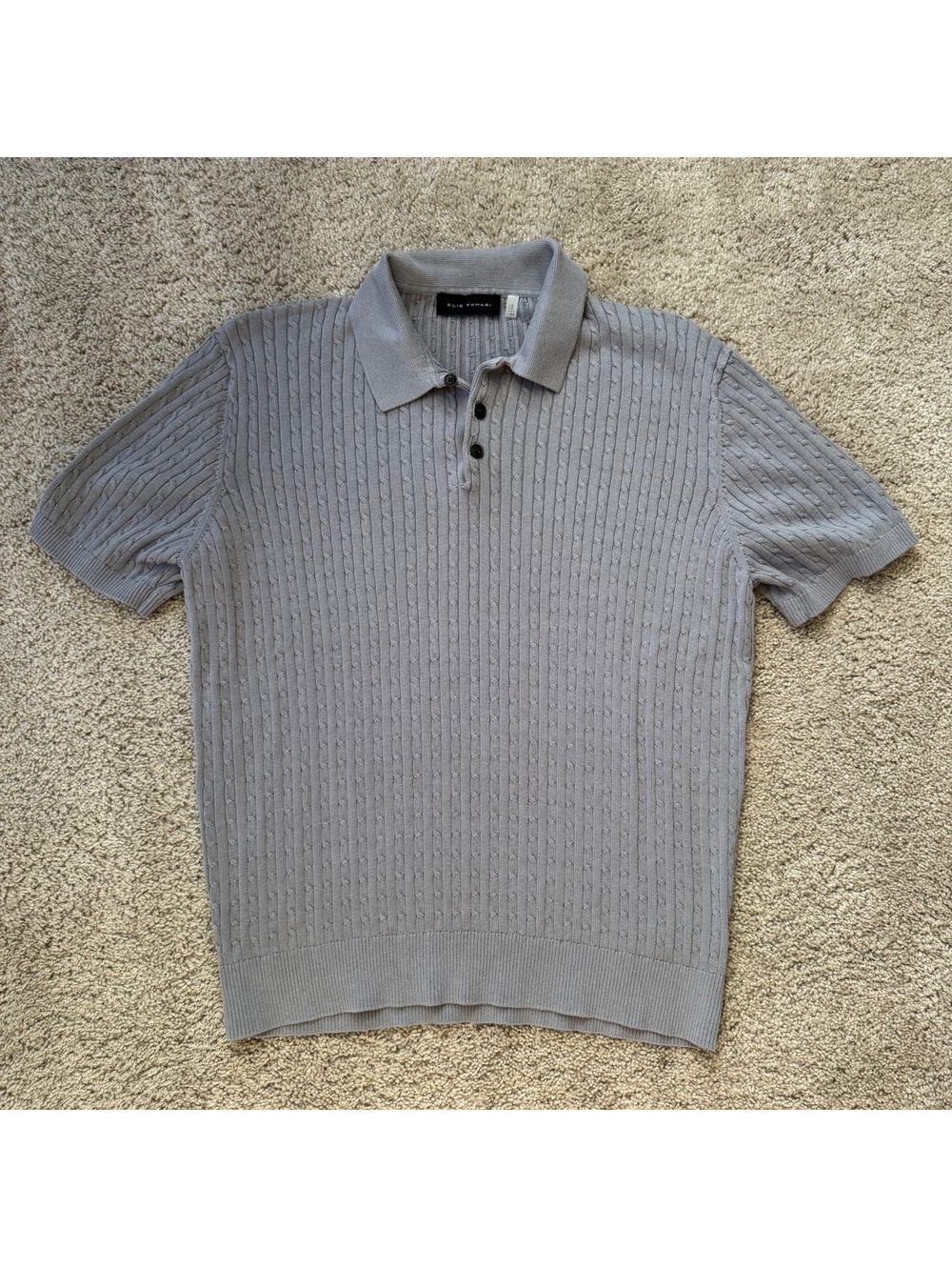 Elie Tahari Seafoam Cable Knit Polo Short Sleeve Sweater Top Blue Men Medium